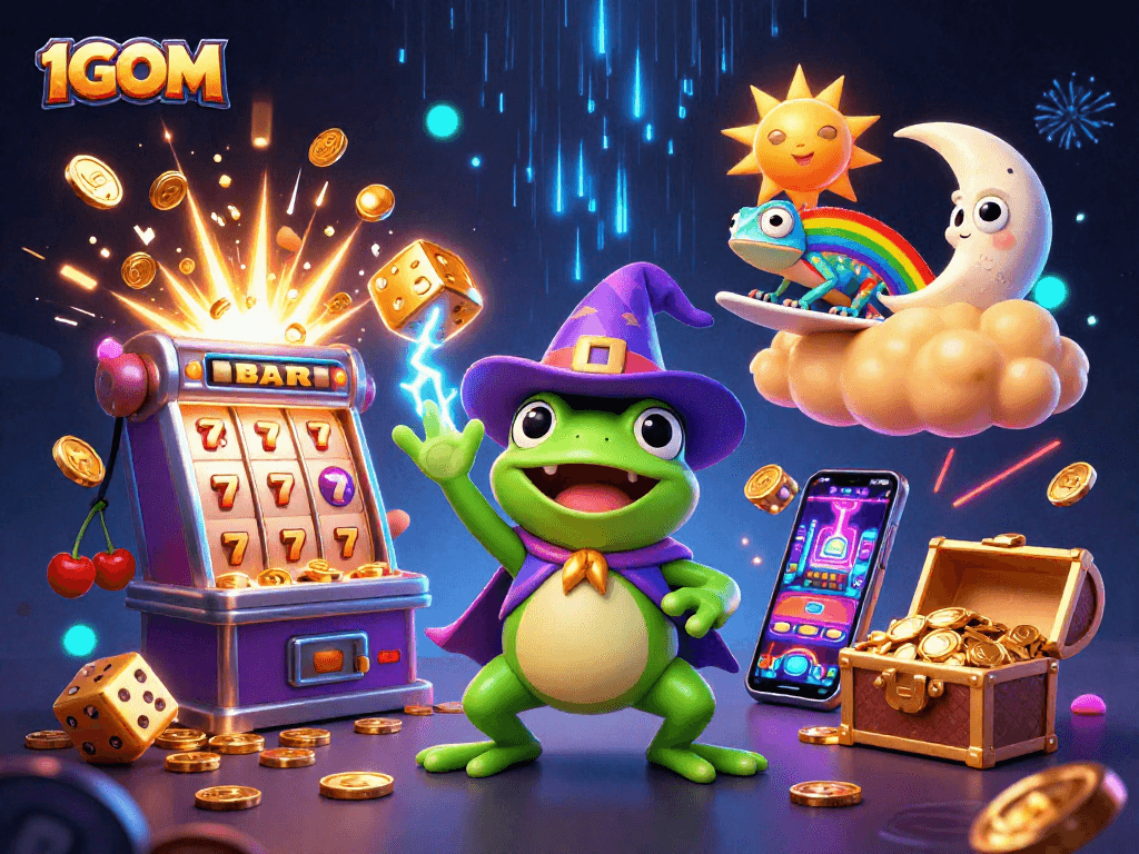 Experience the excitement of 1GOM with vibrant characters and dynamic casino elements in this captivating scene.