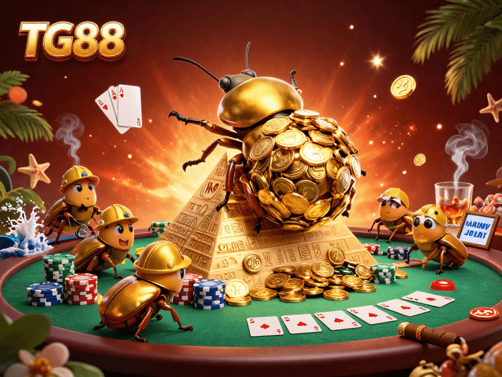 Experience thrilling gameplay at TG88 with vibrant 3D beetles rolling golden coins.