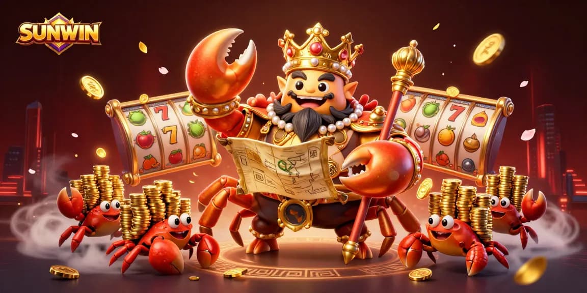 SUNWIN showcases an exciting scene with a golden crab emperor and thrilling slot reels spinning.