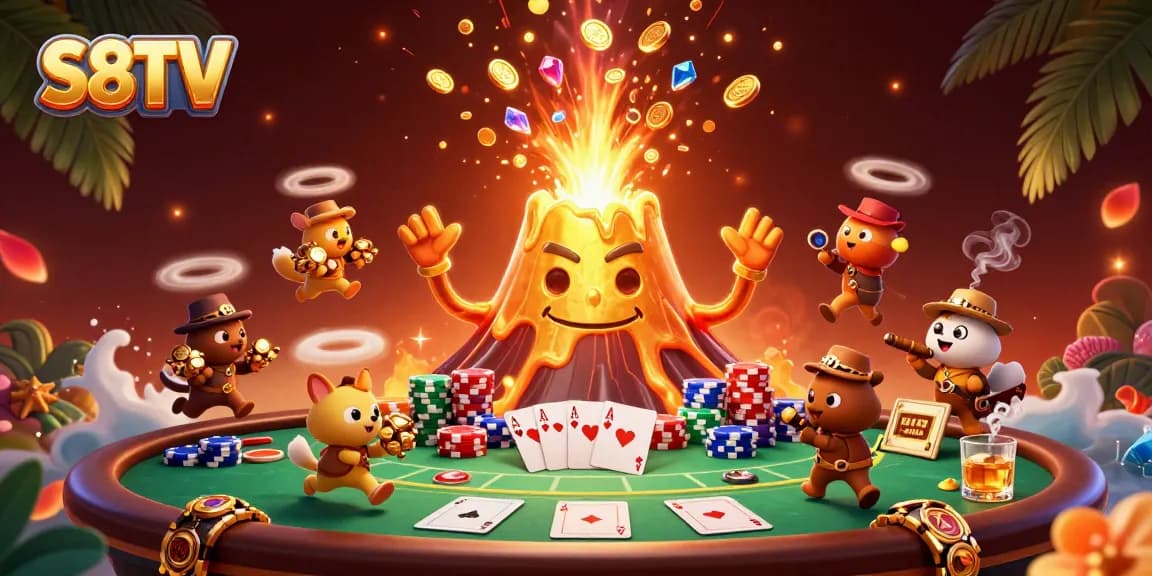 S8TV gamers revel in victory with a golden volcano spewing treasures and gaming elements in a vibrant scene.