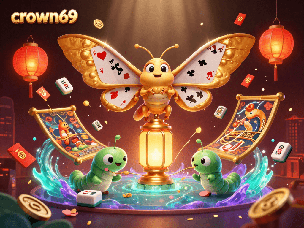 Crown69 showcases a vibrant casino scene with an atlas moth and golden lanterns, symbolizing excitement.