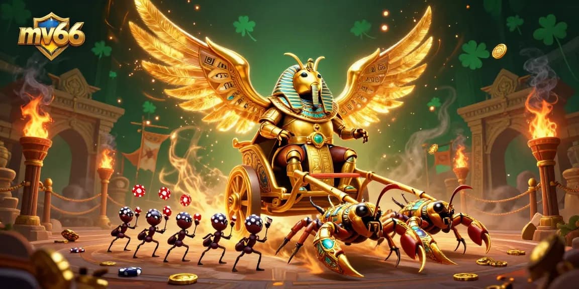 Experience the thrilling adventures of mv66, featuring a colossal golden scarab beetle and vibrant gambling elements.