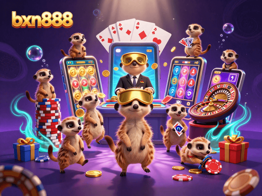 Experience exciting gameplay at bxn888's vibrant casino with meerkats engaging in thrilling activities.