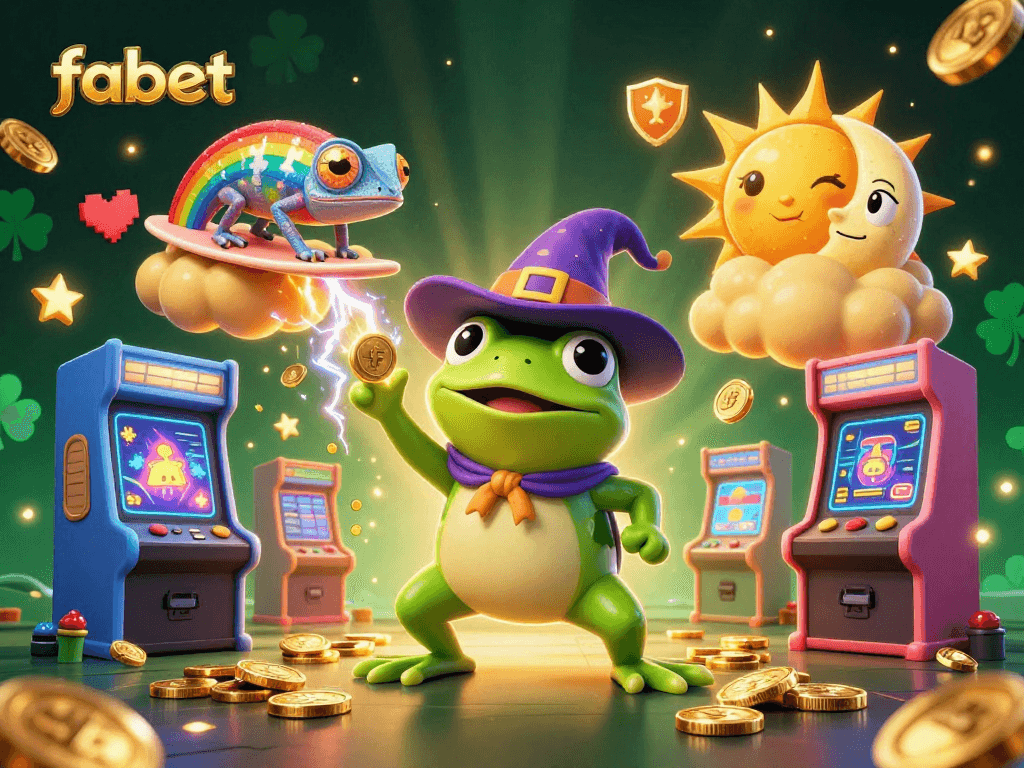 Join the fun at fabet as a weather wizard frog creates golden coin storms amidst gaming excitement.