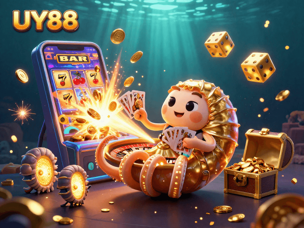 Experience UY88's thrilling casino scene with a giant nautilus, vibrant games, and jackpot excitement!