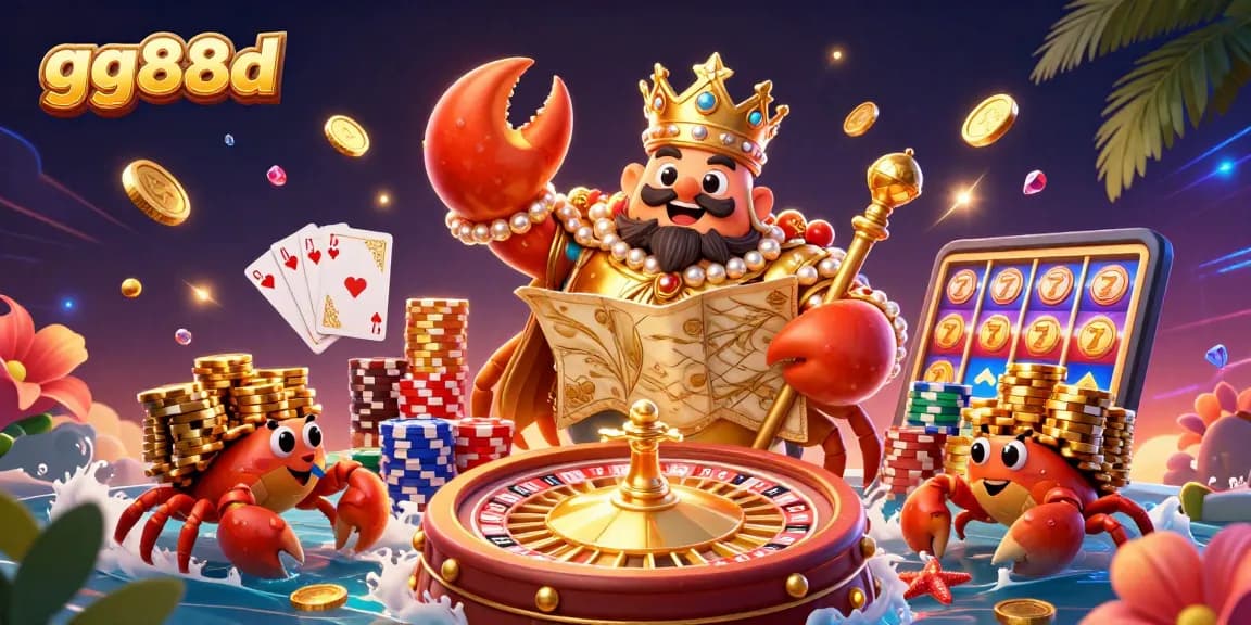 Engage in thrilling wins at gg88d with the golden crab emperor amid cascading coins and vibrant casino elements.