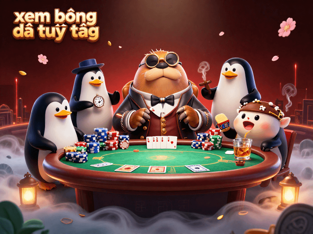 Xem bóng đá trực tiếp at an underwater poker showdown featuring a confident walrus, sophisticated penguin dealer, and bluffing pufferfish.