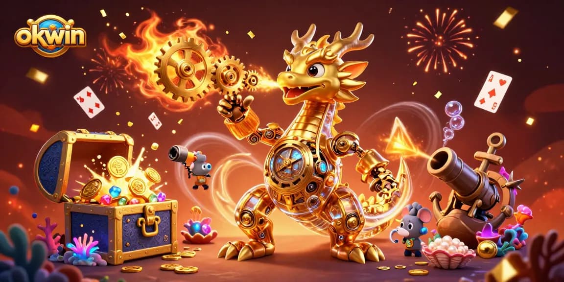 Engage with the excitement at okwin, featuring a majestic dragon and vibrant casino elements.
