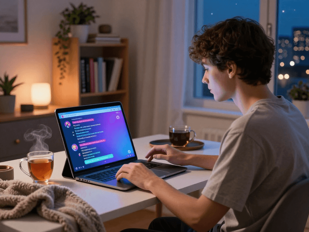 Person using sex chat AI on tablet in cozy home office ambiance with a laptop and warm lighting.