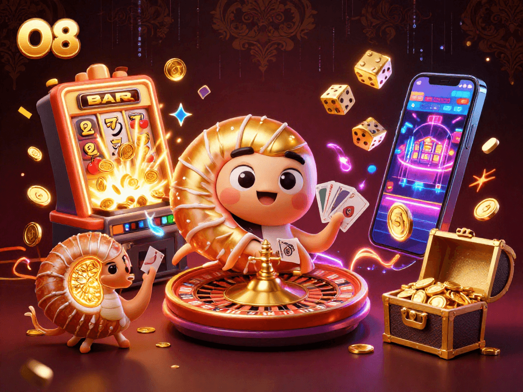 O8 casino imagery with a 3D nautilus roulette wheel and slot machine jackpot explosion