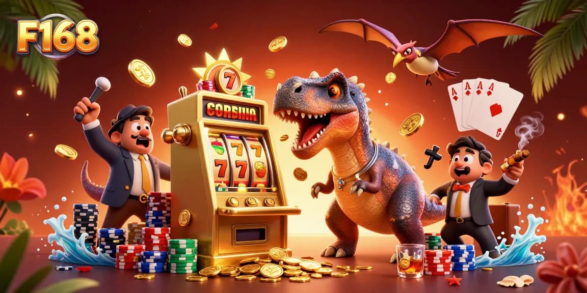 F168 casino themed illustration with a dinosaur jackpot scene featuring coins, slot machines, and vibrant colors.