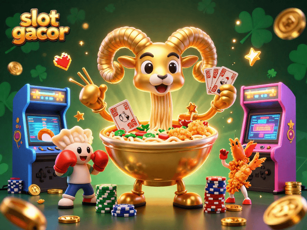 Experience excitement with slot gacor as a giant ramen bowl character deals cards and stacks chips in a vibrant casino.