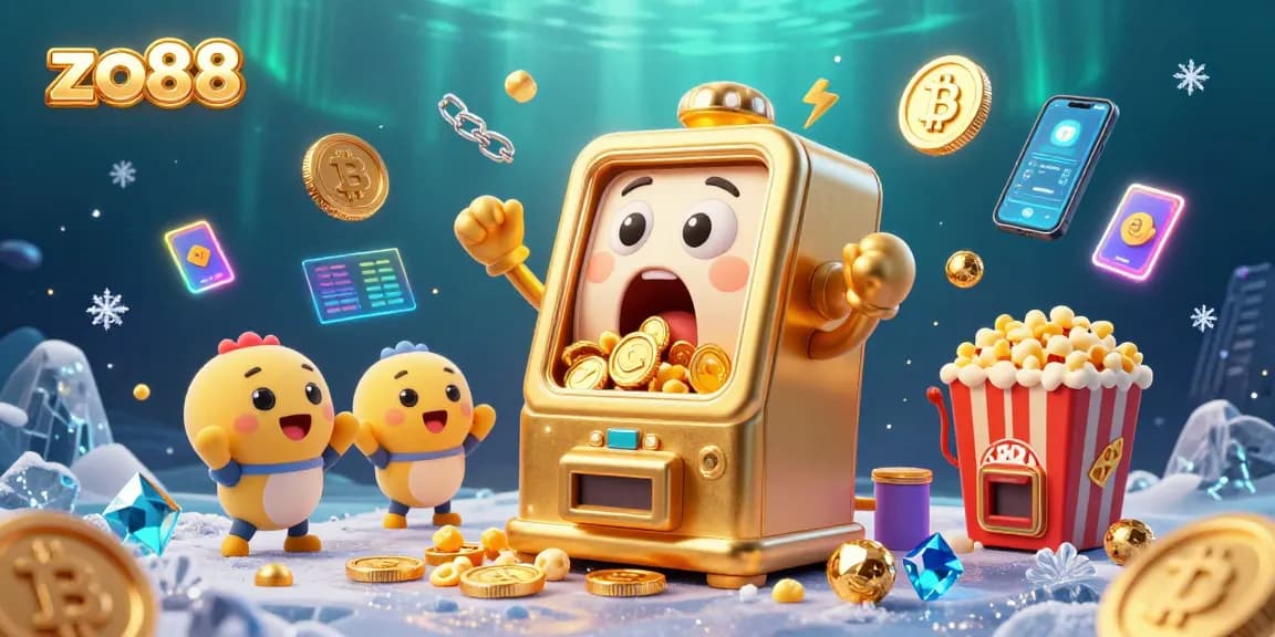 Experience the excitement of zo88 with a dazzling scene of a golden slot machine celebrating its jackpot amidst sparkling cryptocurrency elements.