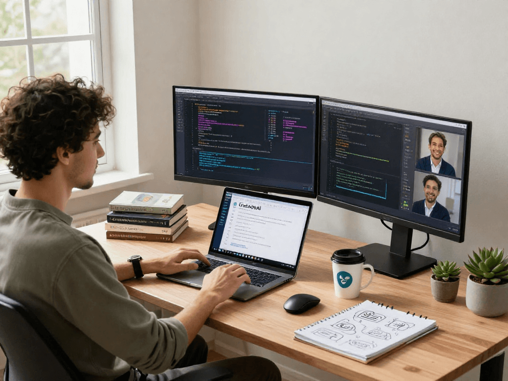 Developer analyzing CrushOnAI dashboard in a stylish home office