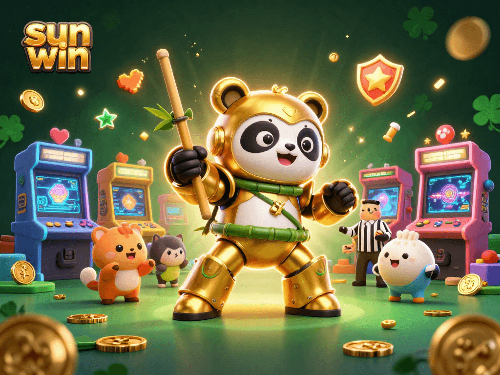 Experience the excitement at sun win with a vibrant 3D casino-themed illustration featuring dynamic game elements.