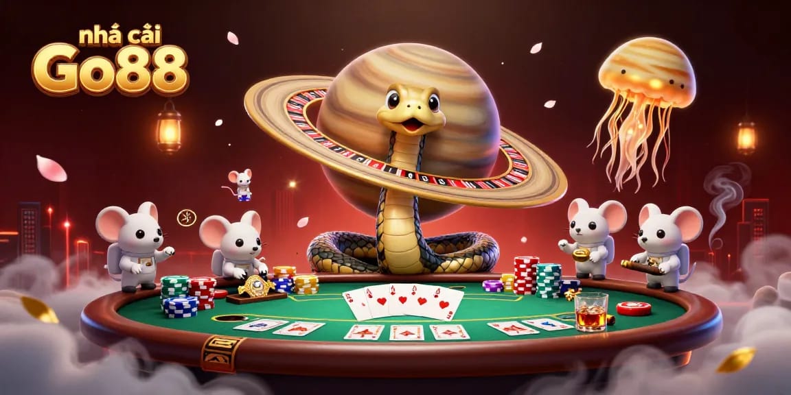 Engage with nhà cái Go88 as you participate in vivid cosmic betting games featuring astronaut mice and a roulette snake.