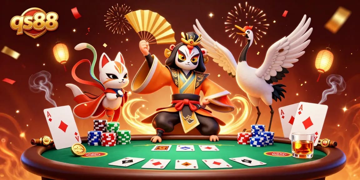 Engage with the qs88 experience featuring a vibrant casino scene with kabuki characters and poker elements.