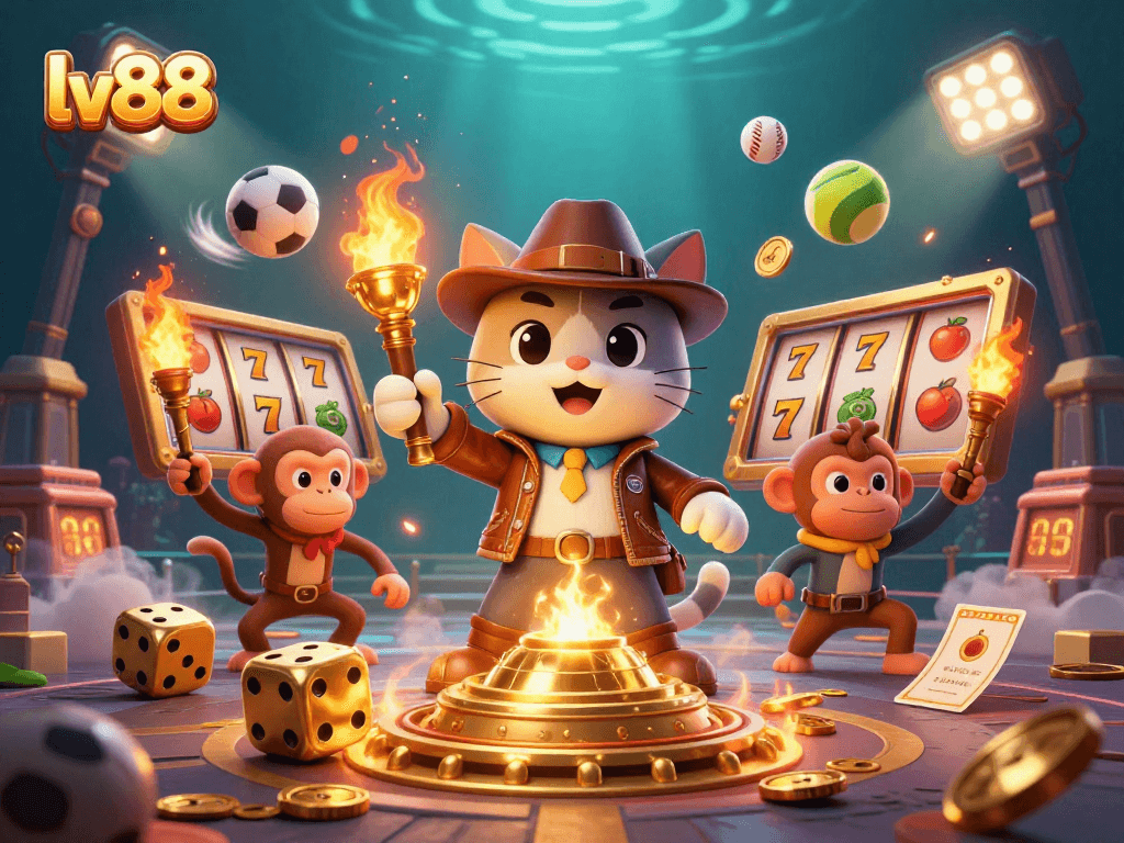 Immerse in the lv88 experience with a vibrant 3D scene of gambling elements and explorer cats.