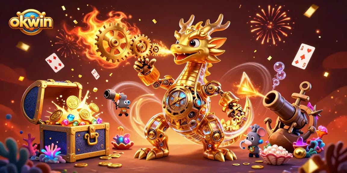 Engage with the excitement at okwin, featuring a majestic dragon and vibrant casino elements.