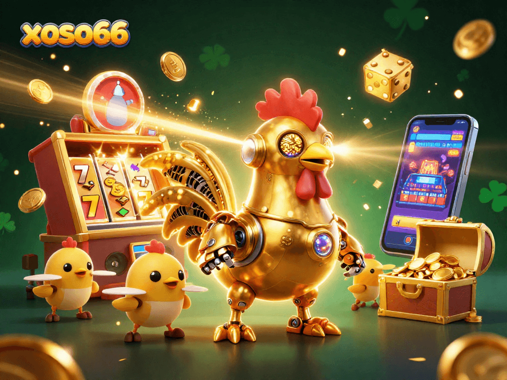 Experience the excitement at xoso66 with a vibrant 3D casino illustration featuring a golden rooster robot and slot machine.