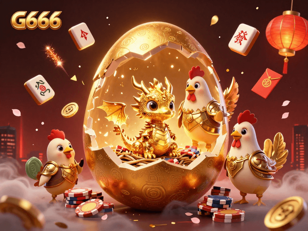 Experience G666 with a glittering baby dragon and poker chips in a vibrant casino atmosphere.