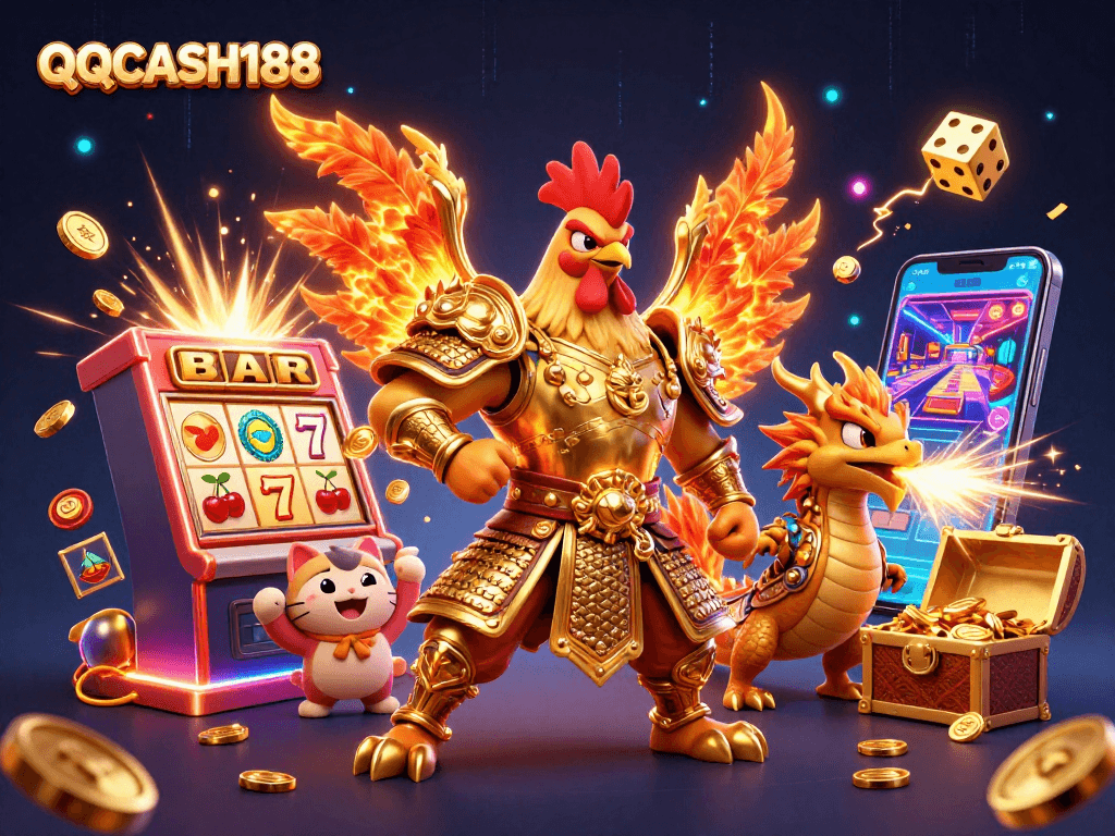 Experience QQCASH188 with colorful characters celebrating a jackpot explosion in a vibrant casino scene.