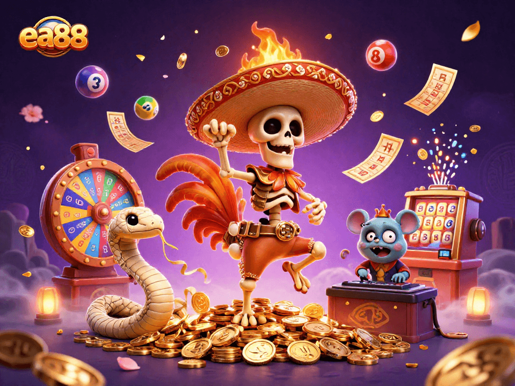 Experience thrilling wins with ea88 as a vibrant 3D casino scene unfolds, showcasing colorful lottery dynamics.