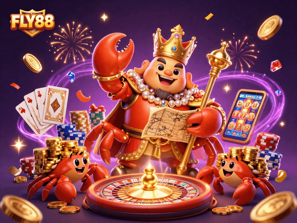 FLY88 welcomes players with a vibrant scene showcasing the golden crab emperor amidst flying coins and jackpots!