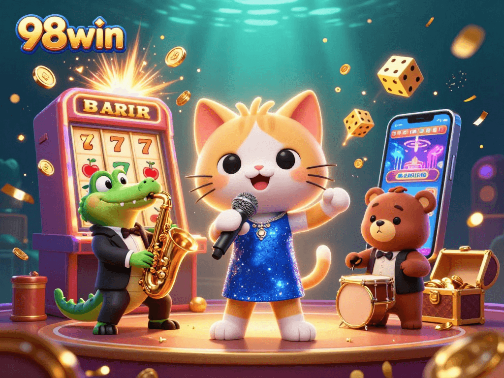 Experience the thrill of winning at 98win's vibrant casino world, featuring playful characters and exciting game elements.