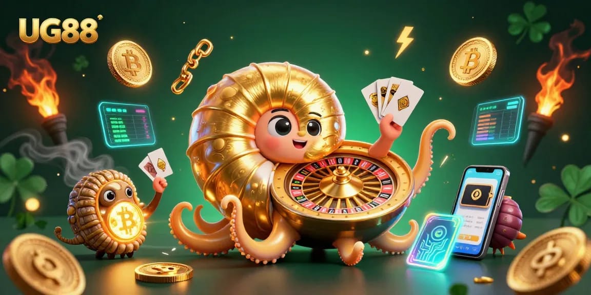Experience casino excitement with UG88's vibrant 3D illustration of an ancient nautilus and cards.