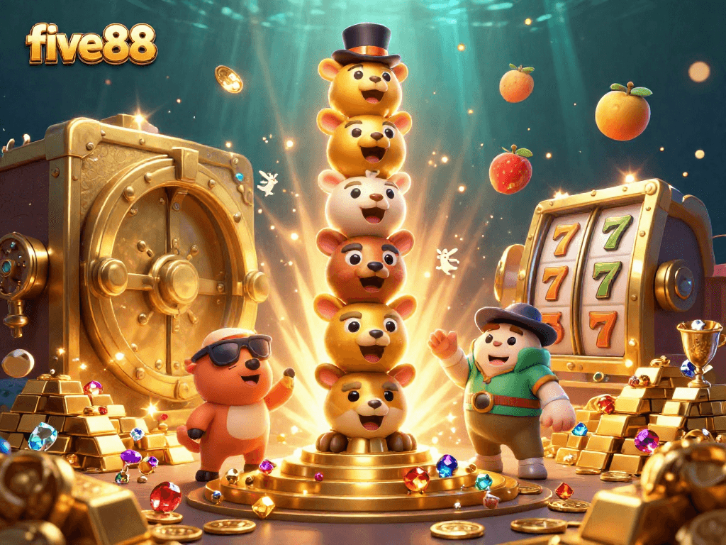 Experience the excitement of five 88 casino games with a vibrant 3D illustration of a golden totem.