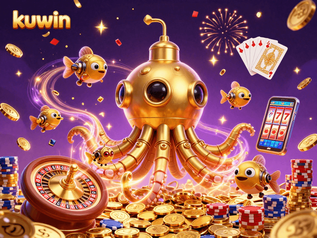 Kuwin's golden kraken submarine navigates a treasure-filled sea, showcasing thrilling casino elements.