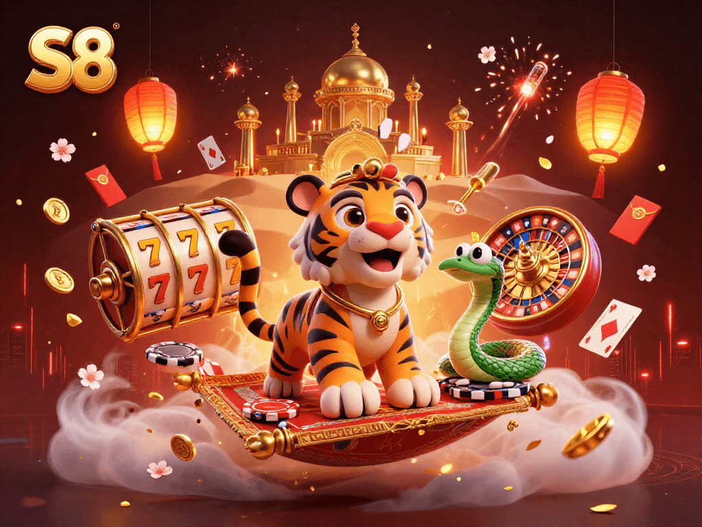 S8 engages in thrilling casino action with a cartoon tiger sultan, roulette wheels, and poker chips in a vibrant 3D illustration.