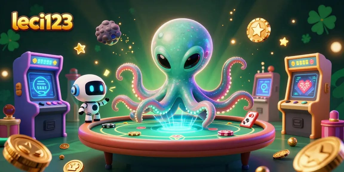 Experience thrilling poker action at leci123 with a vibrant alien octopus and robot duo!
