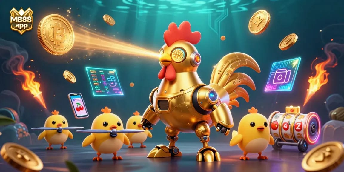 Experience thrilling wins with the MB88 app as the golden rooster robot leads the game in a vibrant casino scene.