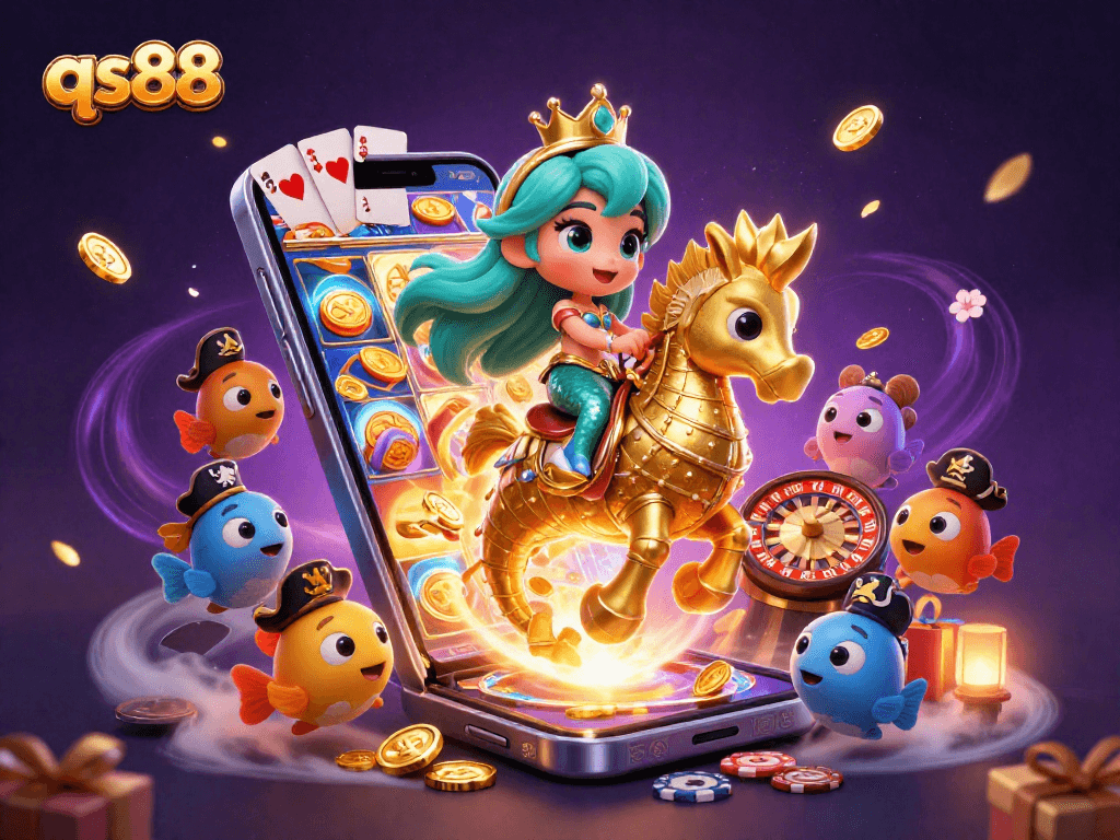 Engage with qs88's thrilling slots and jackpot adventures featuring a mermaid princess and seahorse!