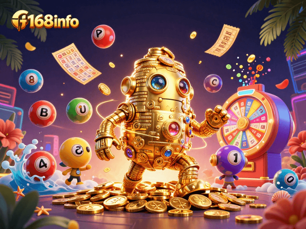Engage in exciting gameplay with F168info, featuring a dynamic scene of a golden golem made of coins surrounded by lottery elements.
