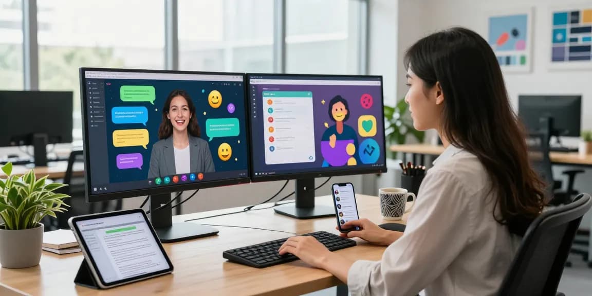 Engaging woman using juicy AI chat platform in a modern workspace with vibrant screens.