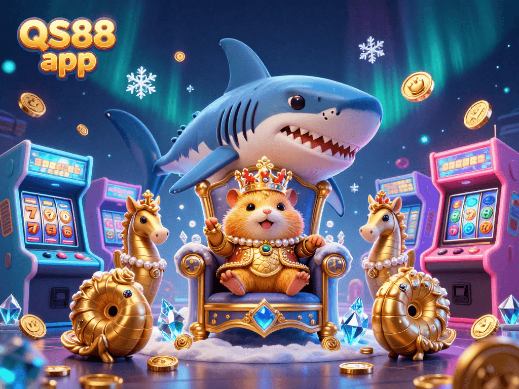 Engage with the exciting QS88 app, featuring a golden hamster king and vibrant slot machines in a colorful 3D casino scene.