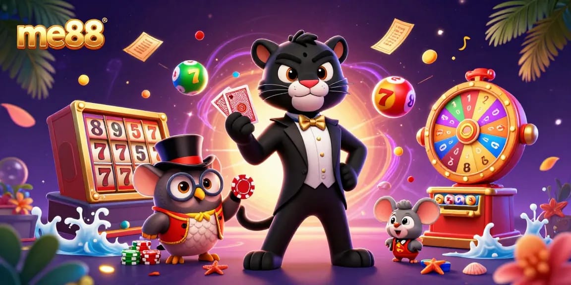 Engage with me88's vibrant casino scene featuring a stylish black panther dealer and colorful game elements.