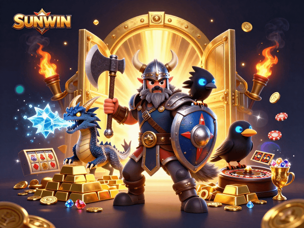 Experience the excitement of SUNWIN with Viking warriors, dragons, and treasures in this vibrant casino illustration.