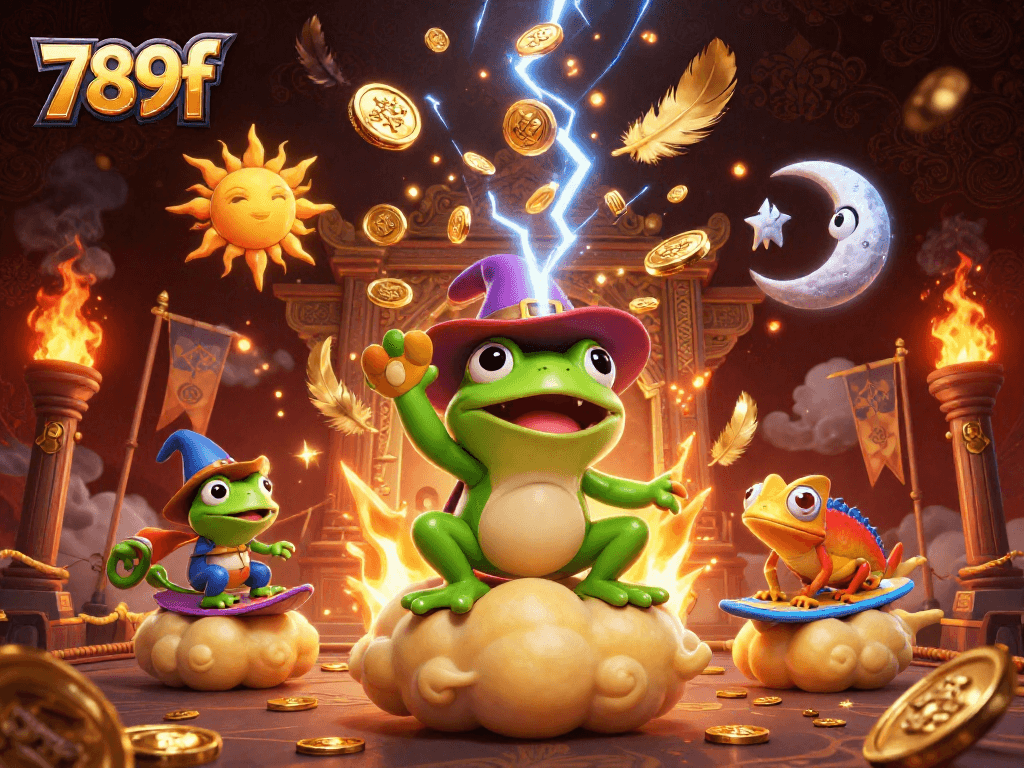 Experience the thrill of winning with 789f, featuring a magical frog and chameleon amidst high-stakes casino excitement.