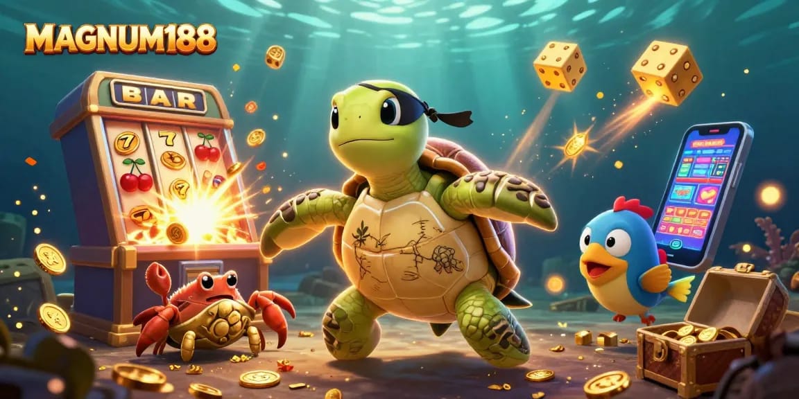 Play MAGNUM188 with a cartoon pirate turtle, golden treasures, and vibrant casino elements.
