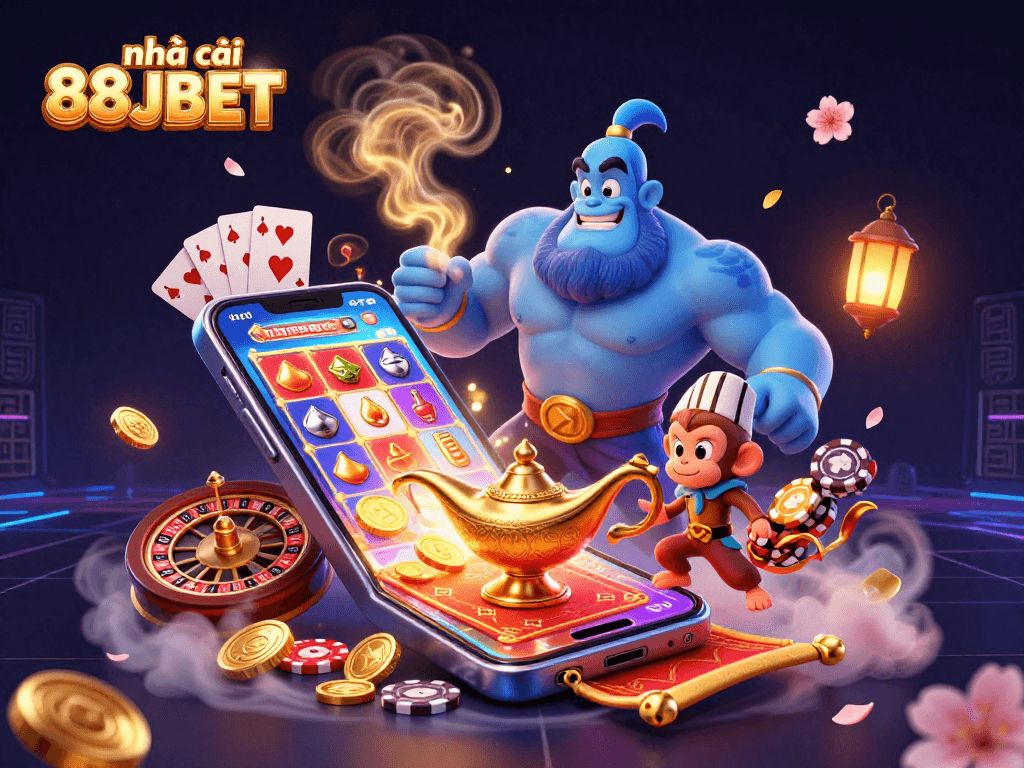 Experience a vibrant casino adventure with nhà cái 88JBET featuring a genie and magical slots.
