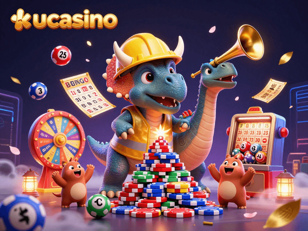 Engage with kucasino's vibrant illustration of a triceratops and friends celebrating game wins with lottery elements.