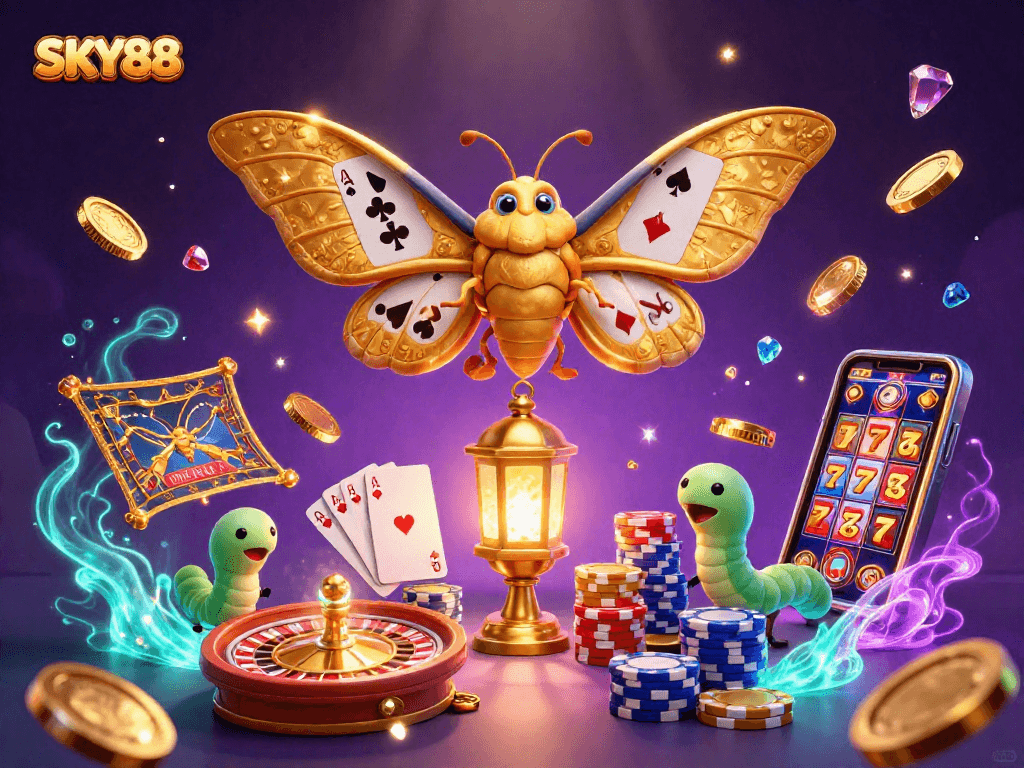 Spin to win at SKY88 with vibrant casino scenes, dazzling coins, and unique slot machine action.
