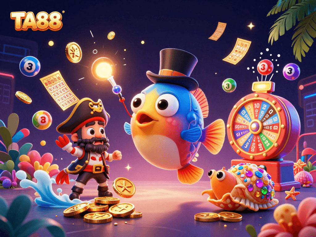 Join the excitement at TA88 as characters lure in golden coins amidst a vibrant gambling scene.
