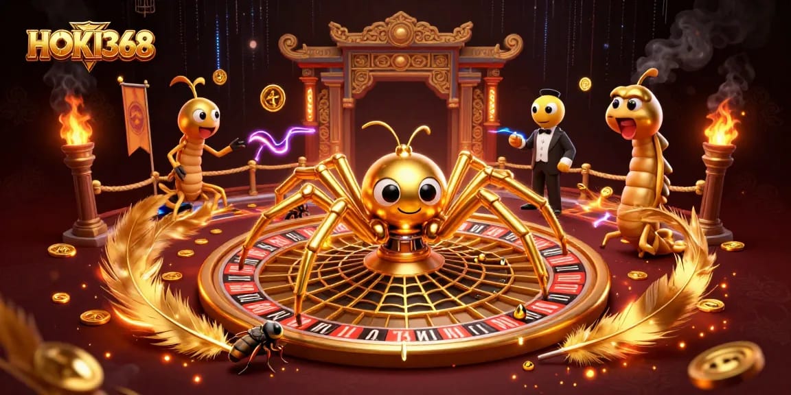 Experience the excitement of HOKI368 with a vibrant casino-themed illustration showcasing dynamic gambling activities.