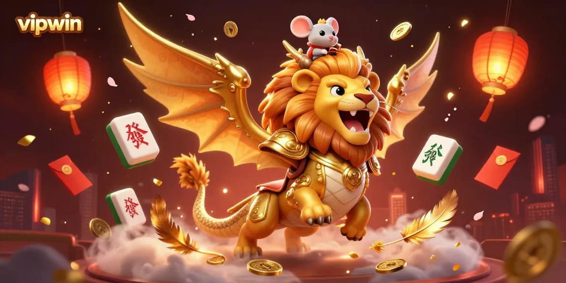 Win big with vipwin's enchanting gaming illustration, featuring a golden chimera and vibrant casino elements.