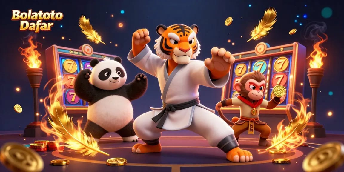 Bolatoto Daftar promotional illustration showcasing a casino scene with vibrant slot reels and dynamic characters.